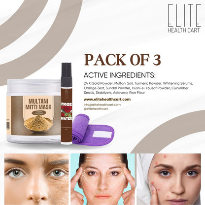 Pack of Three | Multani Mitti Mask, Rose Water, Head Band